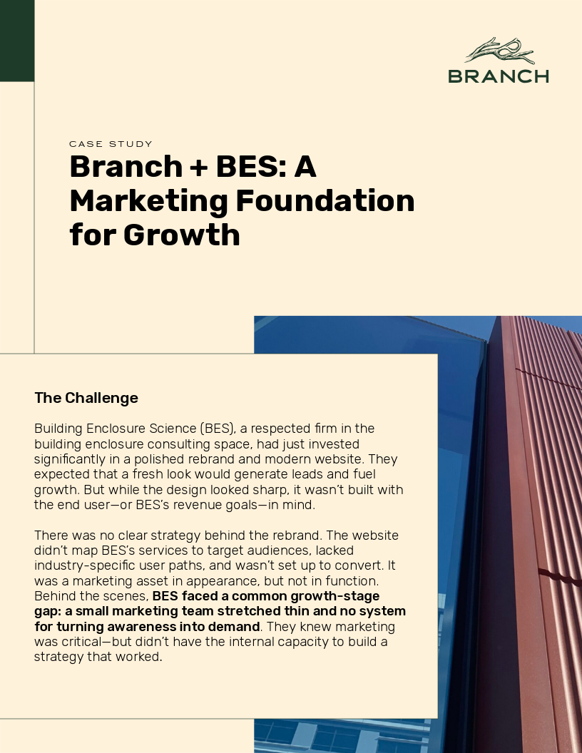 Branch + BES case study, page 1: the challenge, a growth-stage gap with no system for turning awareness into demand