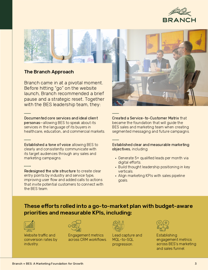 Branch + BES case study, page 3: the Branch approach, personas, tone of voice, site structure, and a service-to-customer matrix