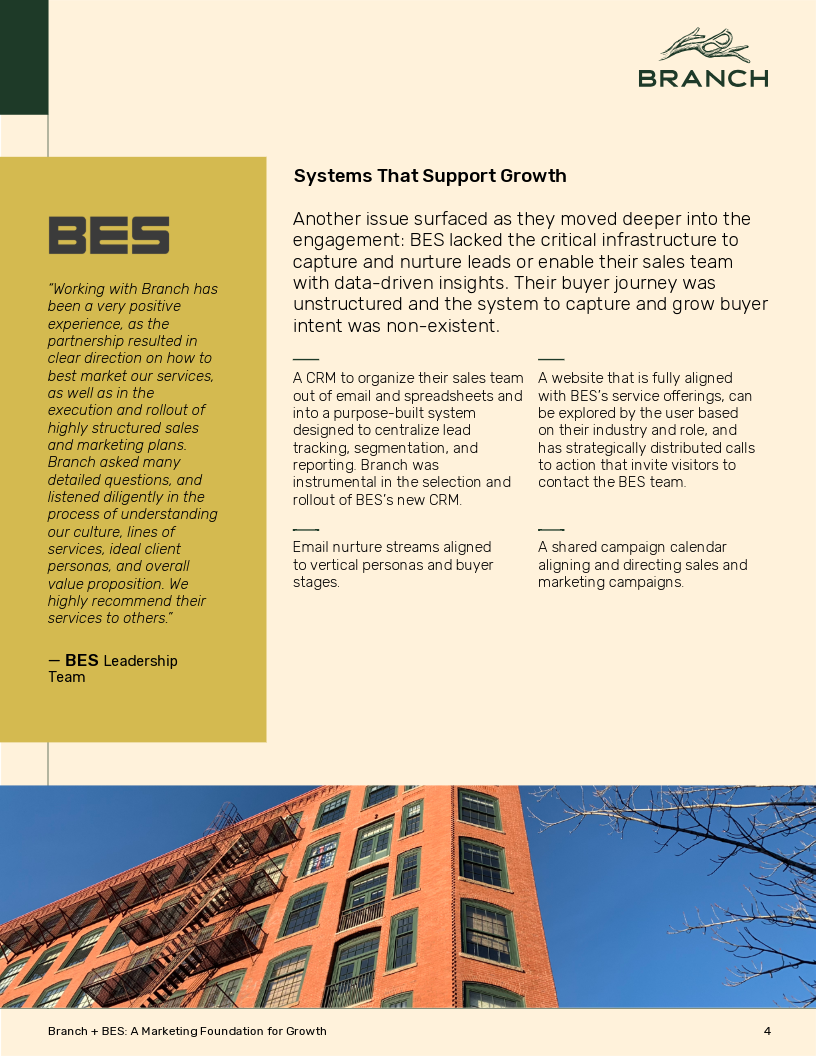 Branch + BES case study, page 4: systems that support growth, CRM, marketing automation, and measurable objectives