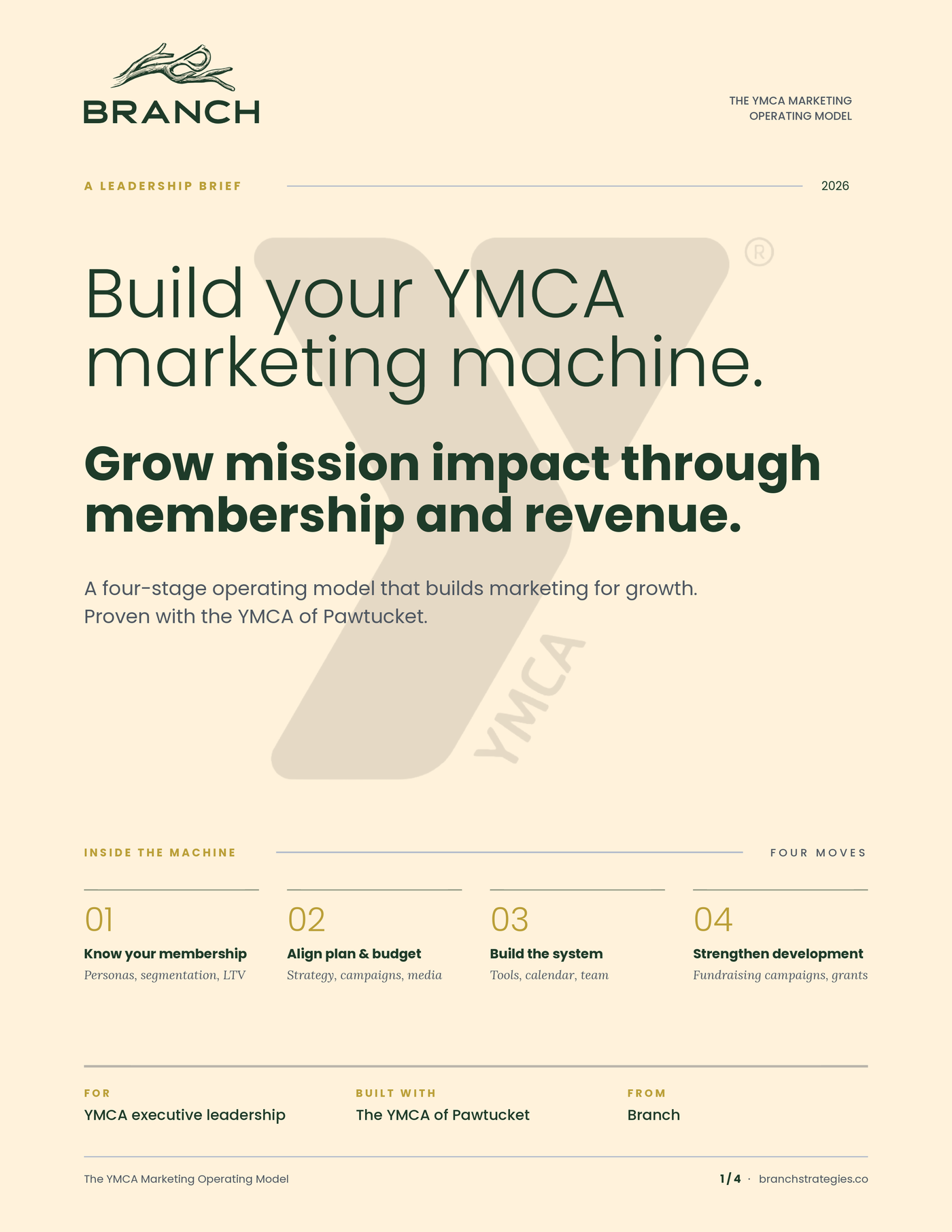 YMCA marketing brief, page 1: build your YMCA marketing machine, a four-stage operating model to grow mission impact through membership and revenue