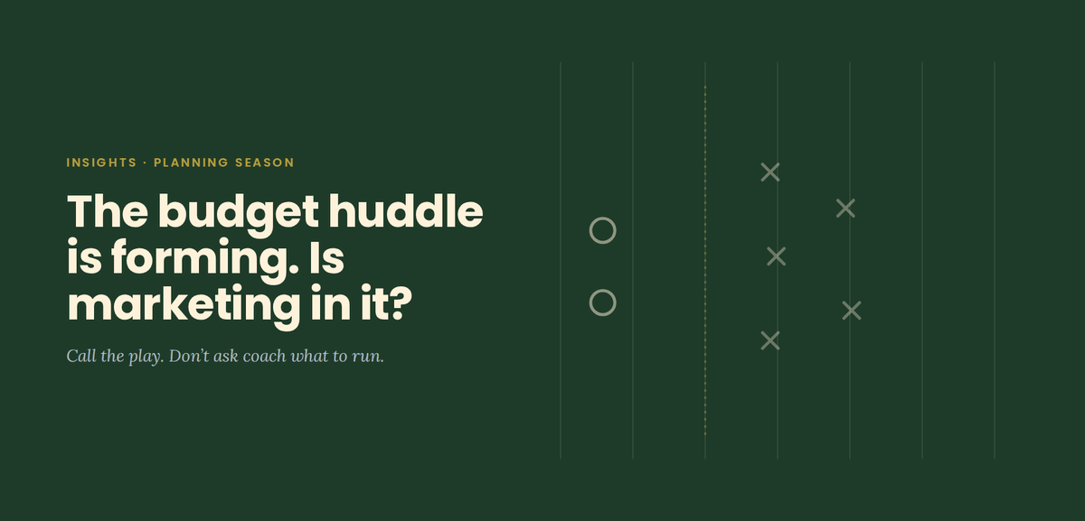 The budget huddle is forming. Is marketing in it? A play diagram draws three routes, Base, Growth and Stretch, past the defense.