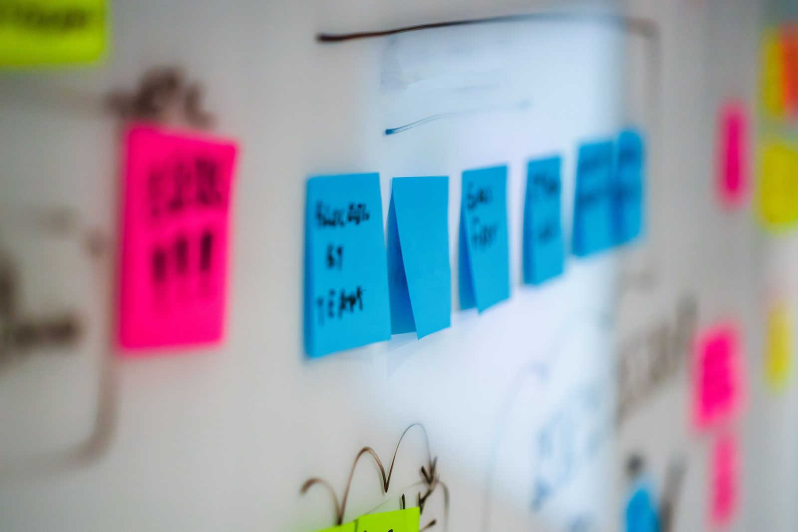 Design sprint sticky notes on a whiteboard mid-session